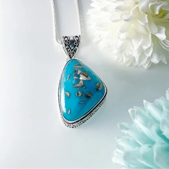 PERSIAN Turquoise Chunky Asymmetrical Gemstone Pendant Necklace Silver 925 New - Picture 7 of 11